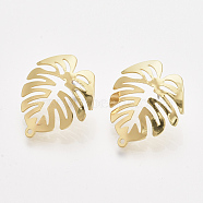Tropical Theme Iron Stud Earring Findings, with Steel Pins and Hole, Monstera Leaf, Light Gold, 28x24mm, Hole: 1.4mm, Pin: 1.4mm(X-IFIN-S703-25)