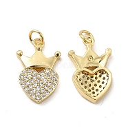 Brass Micro Pave Clear Cubic Zirconia Pendants, with Jump Ring, Heart with Crown Charm, Real 18K Gold Plated, 20.5x13x3mm, Hole: 3.5mm(KK-E068-VB099)