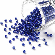 12/0 Glass Seed Beads, Opaque Colors Lustered, Round, Round Hole, Blue, 12/0, 2mm, Hole: 1mm, about 3333pcs/50g, 50g/bag, 18bags/2pounds(SEED-US0003-2mm-128)