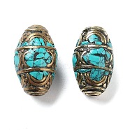 Handmade Tibetan Style Beads, with Brass Findings and Synthetic Turquoise, Barrel, Antique Golden, 24.5x15mm, Hole: 2.5mm(KK-G473-02AG-02)