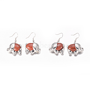 Natural Red Jasper Dangle Earrings, with Brass Findings, Elephant, 40mm, Pin: 0.7mm(EJEW-K080-B06)