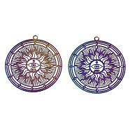 Ion Plating(IP) 201 Stainless Steel Filigree Pendants, Etched Metal Embellishments, Flat Round with Sun, Rainbow Color, 32.5x30x0.3mm, Hole: 1.6mm(X-STAS-S118-026)