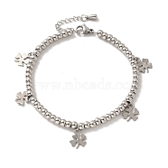 304 Stainless Steel Clover Charm Bracelet with 201 Stainless Steel Round Beads for Women, Stainless Steel Color, 8-5/8 inch(21.8cm)(BJEW-B057-15P)