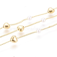 Brass Handmade Beaded Chain, Curb Chains, with CCB Plastic Imitation Pearl Bead, Long-Lasting Plated, Soldered, with Spool, Heart, Real 18K Gold Plated, 2x1x0.8mm, 5m/roll(CHC-CJ0001-45)