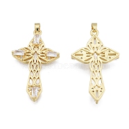 Brass Micro Pave Cubic Zirconia Pendants, Real 18K Gold Plated, Cross, Clear, 38x22x3.5mm, Hole: 2x3.5mm(KK-G431-29G-01)