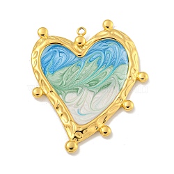 Ion Plating(IP) 304 Stainless Steel Pendants, with Enamel, Real 18K Gold Plated, Heart Charm, Medium Aquamarine, 40.5x35x2.5mm, Hole: 2mm(X-STAS-U007-06C-G)