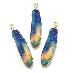 Alloy Enamel Pendants, Golden, Feather Charm, Dark Blue, 38x8.5x1.5mm, Hole: 1.6mm(X-FIND-G078-34G-06)