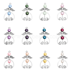 12Pcs 12 Color Glass Pearl Beaded Pendants, with Alloy Bead Frames, Angel Charms, Mixed Color, 34x20x6mm, Hole: 3mm, 1Pc/color(PALLOY-AB00007)