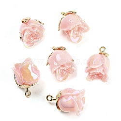 Opaque Resin Pendants, AB Color, Flower Charms with Golden Tone Alloy Leaf, Pink, 18.5x10x10mm, Hole: 1.4mm(RESI-K031-05C-G)