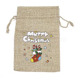 Christmas Printed Burlap Packing Pouches Drawstring Bags, Rectangle, Tan, Christmas Socking, 14x10x0.01cm(ABAG-Q053-02A-04)