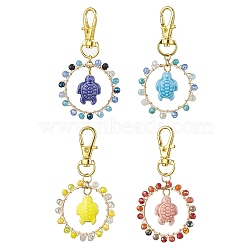 Tortoise Porcelain & Wire Wrapped Glass Bead Pendant Decorations, Swivel Clasps Charm for Bag Key Chain Ornaments, Mixed Color, 69~71mm, 4pcs/set(HJEW-JM01914)