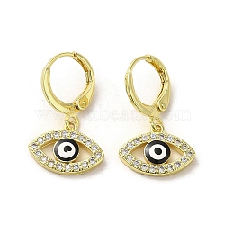 Horse Eye Real 18K Gold Plated Brass Dangle Leverback Earrings, with Enamel and Cubic Zirconia, Black, 23.5~24x14.5mm(EJEW-Q797-23G-02)
