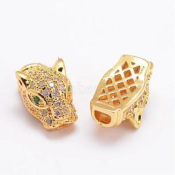 Brass Micro Pave Cubic Zirconia Beads, Leopard, Lead Free & Nickel Free & Cadmium Free, Real 18K Gold Plated, 17x9.5x8mm, Hole: 1x2mm,  2.5x3.5mm(ZIRC-P017-06G-NR)