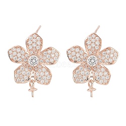 925 Sterling Silver with Cubic Zirconia Stud Earrings Findings, Flower, Rose Gold, 20mm, Pin: 0.6mm(EJEW-B038-09RG)