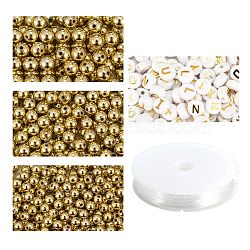 DIY Jewelry Making Kits, Including White Flat Round Acrylic Beads Gold Letter, Elastic Crystal Thread, Golden, 1600Pcs/Set(DIY-LS0002-81)