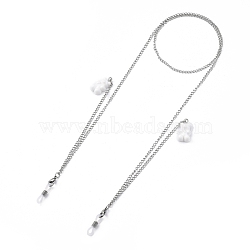 304 Stainless Steel Eyeglasses Chains, Neck Strap for Eyeglasses, with Bear Resin Pendants and Rubber Loop Ends, Stainless Steel Color, White, 27.95 inch(71cm)(AJEW-EH00207-05)