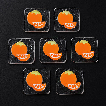Cellulose Acetate(Resin) Pendants, with Glitter Powder, Rectangle with Orange, Dark Orange, 24.5x24.5x4.5~5mm, Hole: 1.4mm