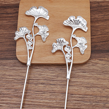 Iron Hair Stick Findings, with Alloy Cabochons Setting, Leaf, Silver, 120x2.5mm, Tray: 6mm and 8mm and 10mm