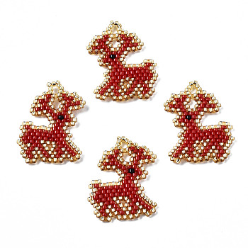 MIYUKI & TOHO Japanese Seed Beads, Handmade Pendants, Loom Pattern, Christmas Reindeer/Stag, FireBrick, 26x21x2mm, Hole: 2mm