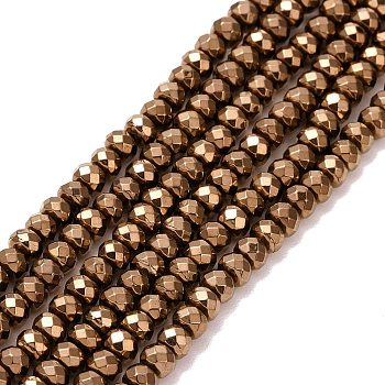 Rondelle Non-magnetic Synthetic Hematite Beads Strands, Imitation Pyrite, Faceted, Copper Plated, 4x3mm, Hole: 1mm, about 122pcs/strand, 15.7 inch