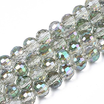 Electroplate Transparent Glass Beads Strands, Faceted, Round, Light Green, 8x7mm, Hole: 1.6mm, about 71pcs/strand, 19.88 inch(50.5cm)