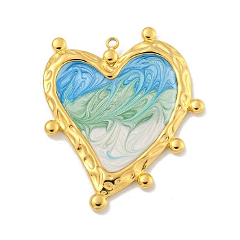 Ion Plating(IP) 304 Stainless Steel Pendants, with Enamel, Real 18K Gold Plated, Heart Charm, Medium Aquamarine, 40.5x35x2.5mm, Hole: 2mm