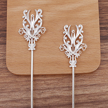 Alloy Flower Hair Sticks, with Iron Stick and Loop, Long-Lasting Plated Hair Accessories for Women, Platinum, 30mm, Flower: 46x30mm,  Sticks: 120x2.5mm