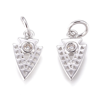 Brass Micro Pave Cubic Zirconia Charms, with Jump Rings, Inverted Triangle, Clear, Platinum, 12.5x7x2mm, Jump Rings: 3mm