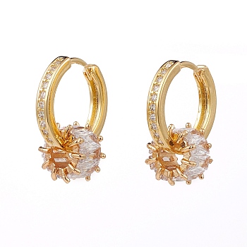 Brass Micro Pave Clear Cubic Zirconia Huggie Hoop Earrings, with Column European Beads, Real 18K Gold Plated, 21mm, Pin: 1mm