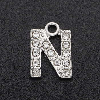Alloy Rhinestone Charms, Platinum, Crystal, Letter, Letter.N, 11.5x8.5x2mm, Hole: 1.5mm