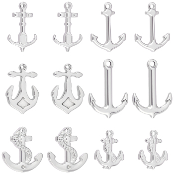 12Pcs 6 Style Stainless Steel Pendants, Anchor, Stainless Steel Color, 19~27x14.5~19x2.5~4mm, Hole: 1.6~2.5mm, 2pcs/style