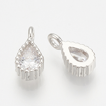 Brass Cubic Zirconia Charms, Nickel Free, teardrop, Real Platinum Plated, 8x4x2mm, Hole: 1mm