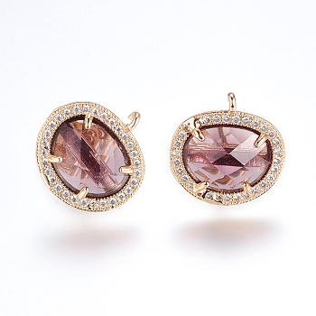 Brass Micro Pave Cubic Zirconia Stud Earring Findings, with Loop, Glass, Oval, Golden, Rosy Brown, 16.5mm, Hole: 1mm, Pin: 0.8mm