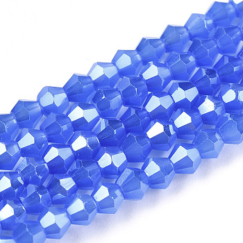 Imitation Jade Electroplate Glass Beads Strands, Pearl Luster Plated, Faceted, Bicone, Royal Blue, 2.9~3.3x2.5mm, Hole: 0.7mm, about 145~150pcs/strand, 16.34~16.54 inch(41.5~42cm)