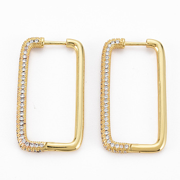 Rectangle Hoop Earrings for Girl Women, Brass Micro Pave Clear Cubic Zirconia Earrings, Nickel Free, Real 16K Gold Plated, 35.5x19x3mm, Pin: 1mm