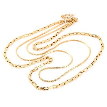 304 Stainless Steel Double Layer Square Snake Chain & Cable Chain Necklaces for Women, Real 18K Gold Plated, 16.69 inch(42.4cm)