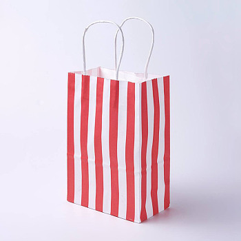 kraft Paper Bags, with Handles, Gift Bags, Shopping Bags, Rectangle, Stripe Pattern, Red, 27x21x10cm