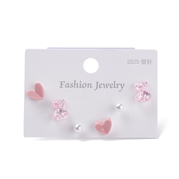 Bling Bear & Heart & Round Resin Stud Earrings Set for Girl Women, with 925 Sterling Silver Plated Pins, Pink, 3.5~8.5x3.5~7.8x3~4.5mm, Pin: 0.7mm, 3 pairs/set
