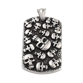 Retro 304 Stainless Steel Pendants, Antique Silver, Skull Theme, Rectangle, 40.5x26x6mm, Hole: 8x5mm