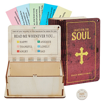 Wooden Bible Verses Box, with 150Pcs Paper Bibles Verse Cards, Mixed Color, 113x88x46mm