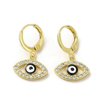 Horse Eye Real 18K Gold Plated Brass Dangle Leverback Earrings, with Enamel and Cubic Zirconia, Black, 23.5~24x14.5mm