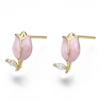 Brass Micro Pave Clear Cubic Zirconia Stud Earring, with Enamel and Stainless Steel Pins, Nickel Free, Flower, Real 18K Gold Plated, Pink, 11x6mm, Pin: 0.7mm