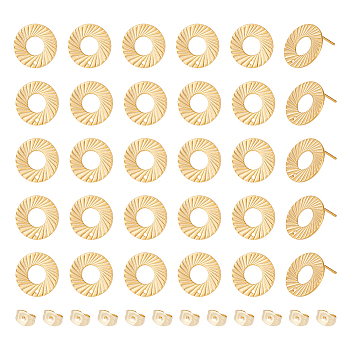 30Pcs 201 Stainless Steel Stud Earring Findings, with Ear Nuts and 304 Stainless Steel Pins, Donut with Hole, Real 24K Gold Plated, 15mm, Hole: 1.2mm, Pin: 0.7mm