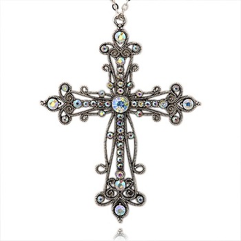 Tibetan Style Alloy Rhinestone Gothic Cross Big Pendants, with Crystal AB, Antique Silver, 92x70x6mm, Hole: 2mm