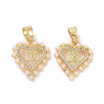 Heart Brass Micro Pave Clear Cubic Zirconia Pendants, with Acrylic Imitation Pearl, Cadmium Free & Lead Free, Real 18K Gold Plated, 20x18x3mm, Hole: 4x6mm