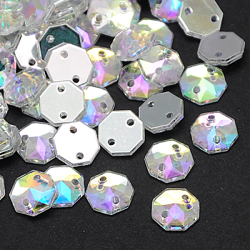 Sew on Rhinestone, Taiwan Acrylic Rhinestone, Two Holes, Garments Accessories, Faceted Octagon, Colorful, 10x9.5x3mm, Hole: 1mm