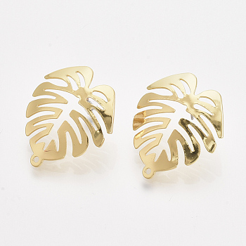 Tropical Theme Iron Stud Earring Findings, with Steel Pins and Hole, Monstera Leaf, Light Gold, 28x24mm, Hole: 1.4mm, Pin: 1.4mm