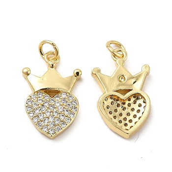Brass Micro Pave Clear Cubic Zirconia Pendants, with Jump Ring, Heart with Crown Charm, Real 18K Gold Plated, 20.5x13x3mm, Hole: 3.5mm
