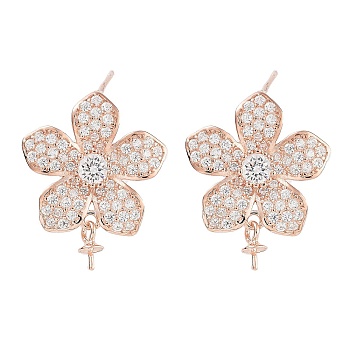 925 Sterling Silver with Cubic Zirconia Stud Earrings Findings, Flower, Rose Gold, 20mm, Pin: 0.6mm