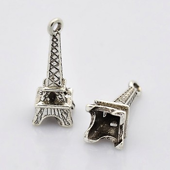 Antique Silver Tone Tibetan Style Eiffel Tower Charm Pendants for Bracelet Making, Lead Free and Cadmium Free and Nickel Free, 24x8x7mm, Hole: 1.5mm